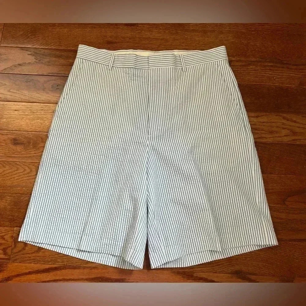 BERLE MEN’S SHORTS SEERSUCKER PLEATED REGULAR RISE White-Blue Sz 33